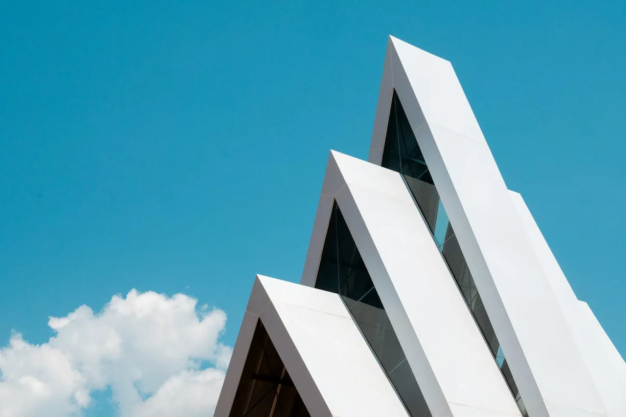Modern concrete library building with sharp angles