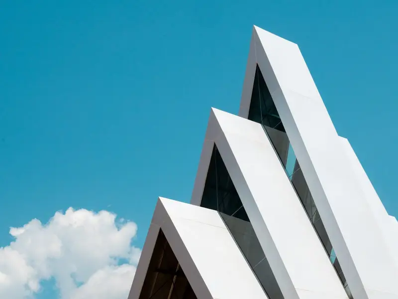 Modern concrete library building with sharp angles
